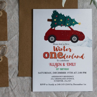 Winter Onederland Red Car mit Twin 1St Birthday Einladung