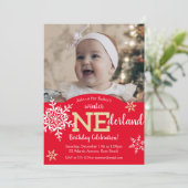 Winter ONEderland Red Gold Glitzer 1. Geburtstag Einladung (Stehend Vorderseite)