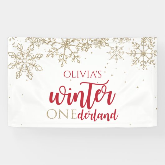 Winter ONEderland Red Gold Glitzer Snowflakes Banner (Horizontal)