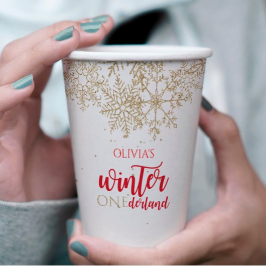 Winter ONEderland Red mit Gold Snowflake Geburtsta Pappbecher