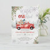 Winter ONEderland Red Truck 1st Birthday Einladung (Stehend Vorderseite)