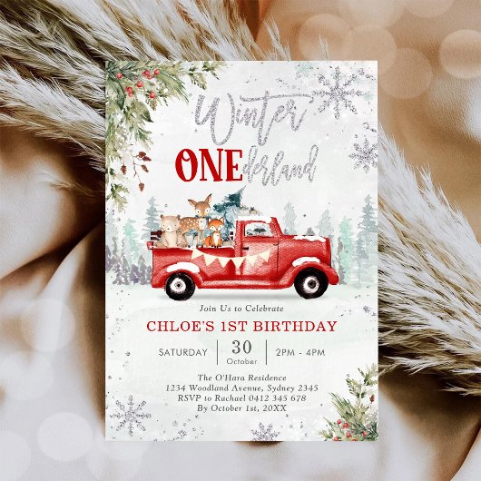 Winter ONEderland Red Truck Birthday Invitation Einladung
