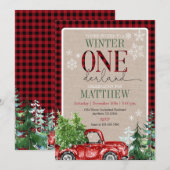 Winter ONEderland Red Truck Forest Birthday Einladung (Vorne/Hinten)