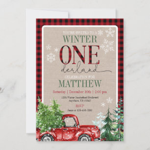 Winter ONEderland Red Truck Forest Birthday Einladung