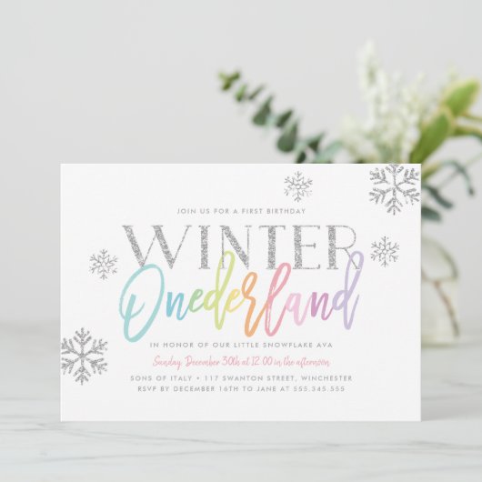 Winter ONEderland Regenbogen Silver Glam 1. Geburt Einladung (Stehend Vorderseite)