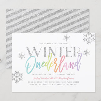 Winter ONEderland Regenbogen Silver Glam 1. Geburt Einladung