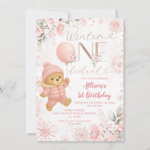 Winter ONEderland Rosa Bär Ballon 1. Geburtstag Einladung