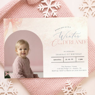 Winter Onederland Rosa Bogen Foto 1. Geburtstag Einladung