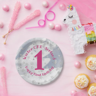Winter ONEderland Rosa Erster Geburtstag Schneeflo Pappteller