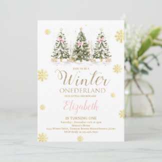 WINTER ONEderland Rosa & Faux Gold 1. Geburtstag Einladung