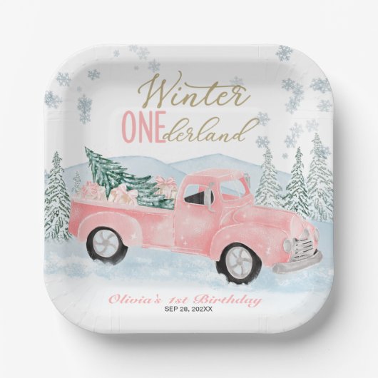 Winter Onederland Rosa LKW Erster Geburtstag Pappteller (Vorderseite)