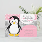 Winter ONEderland rosa Pinguin-Einladung Einladung (Stehend Vorderseite)