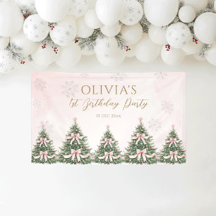 Winter Onederland Rosa Schleife Kiefern Bäume 1. G Banner