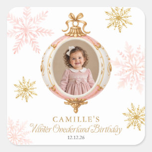 Winter ONEderland Rosa Schneeflocken-Foto-Sticker Quadratischer Aufkleber