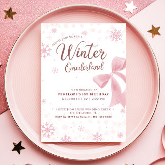 Winter Onederland Rosa Schneeflocken-Schleife 1. G Einladung