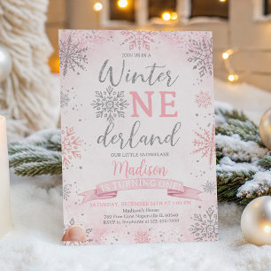 Winter Onederland Rosa Silber Schneeflocken Geburt Einladung