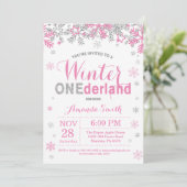 Winter Onederland rosa silbernes Mädchen-1. Einladung (Stehend Vorderseite)