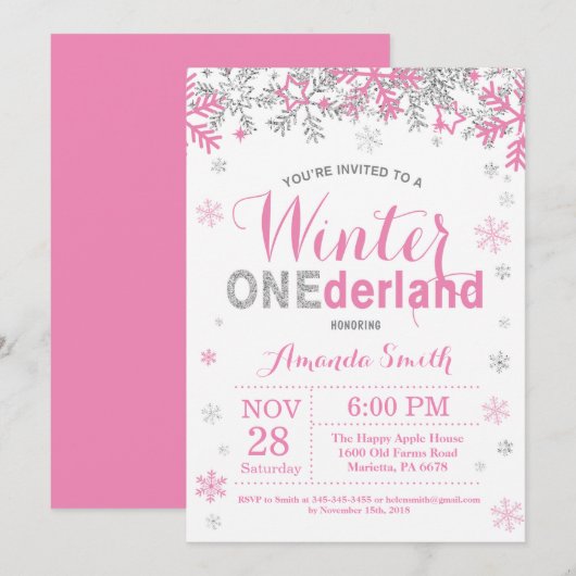 Winter Onederland rosa silbernes Mädchen-1. Einladung (Vorne/Hinten)