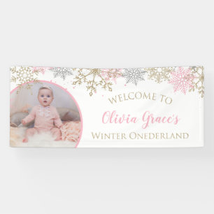 Winter Onederland Rosa und Goldene Schneeflocken F Banner