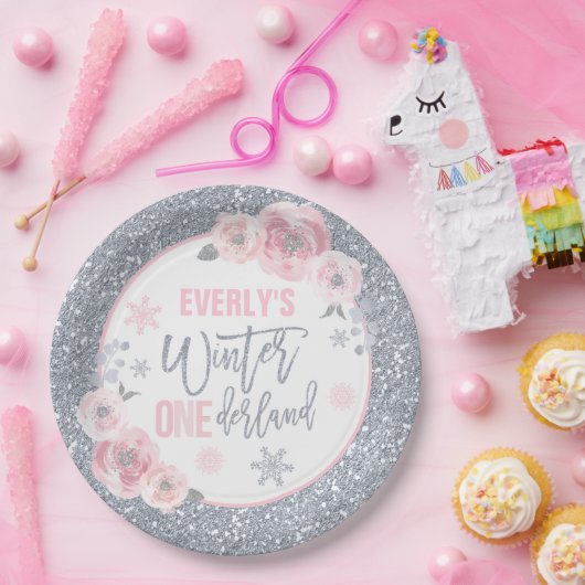 Winter ONEderland Rosa und Silber Dekorationen Pappteller (Party)