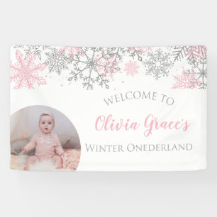 Winter Onederland Rosa und Silberne Schneeflocken  Banner