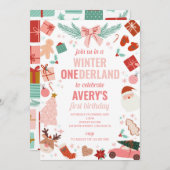 Winter Onederland Rosa Weihnachtsmädchen 1. Geburt Einladung (Vorne/Hinten)