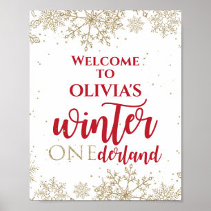 Winter Onederland Rot 1. Geburtstag Gold Schneeflo Poster