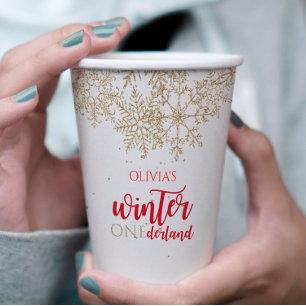 Winter ONEderland Rot mit goldenem Schneeflocken-G Pappbecher