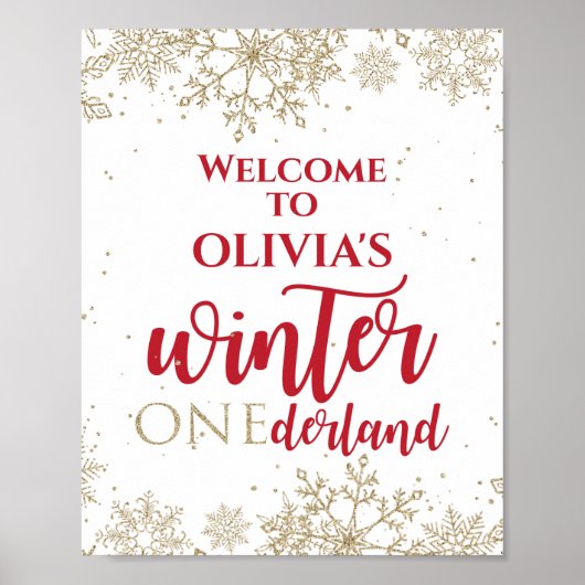 Winter Onederland Roter 1. Geburtstag Gold Schneef Poster (Vorne)