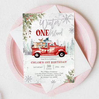 Winter ONEderland roter LKW 1. Geburtstag Einladung