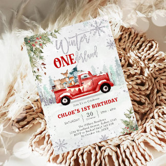 Winter ONEderland Roter LKW Mädchen 1. Geburtstag Einladung