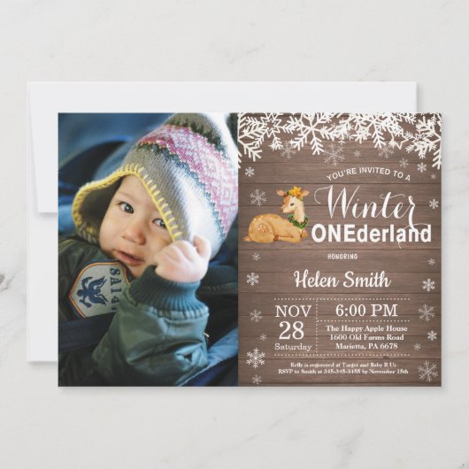 Winter Onederland Rustic Deer 1. Geburtstag Einladung (Vorderseite)