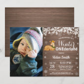 Winter Onederland Rustic Deer 1. Geburtstag Einladung (Vorne/Hinten)