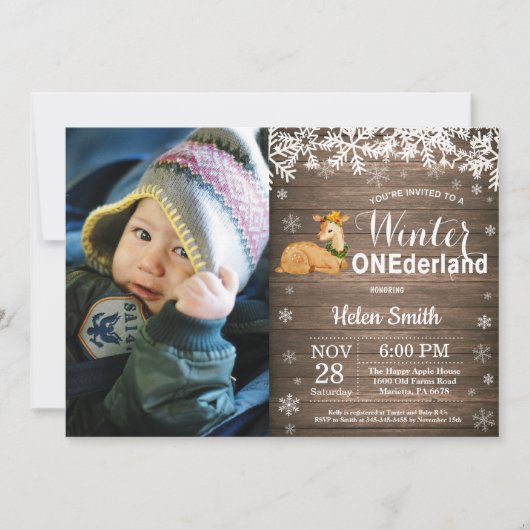 Winter Onederland Rustic Deer 1. Geburtstag Einladung (Vorderseite)