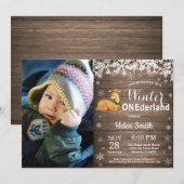 Winter Onederland Rustic Deer 1. Geburtstag Einladung (Vorne/Hinten)