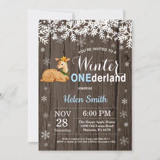 Winter Onederland Rustic Deer Boy 1. Geburtstag Einladung (Vorderseite)