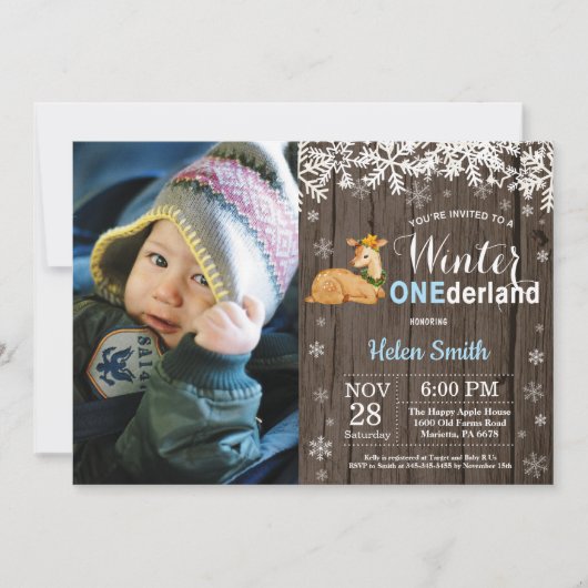 Winter Onederland Rustic Deer Boy 1. Geburtstag Einladung (Vorderseite)