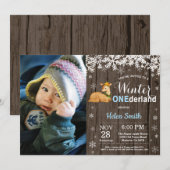 Winter Onederland Rustic Deer Boy 1. Geburtstag Einladung (Vorne/Hinten)