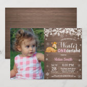 Winter Onederland Rustic Deer Girl 1. Geburtstag Einladung (Vorne/Hinten)