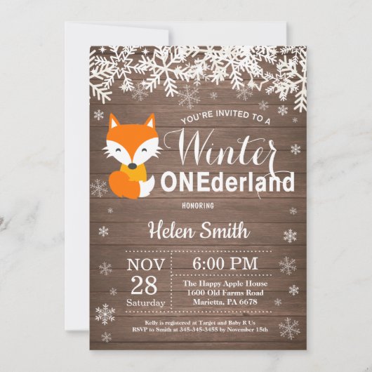 Winter Onederland Rustic Fox 1. Geburtstag Einladung (Vorderseite)