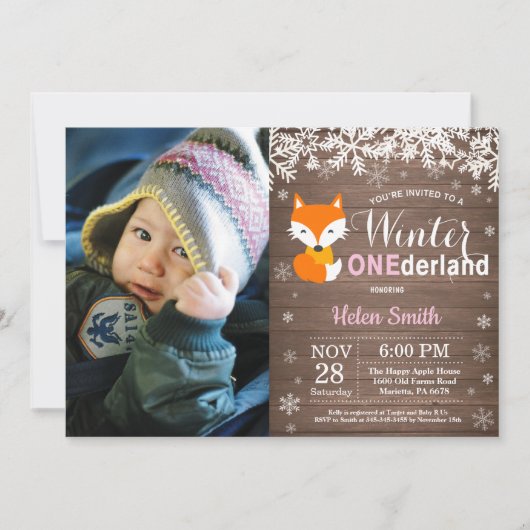 Winter Onederland Rustic Fox Girl 1. Geburtstag Einladung (Vorderseite)