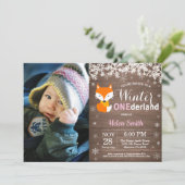 Winter Onederland Rustic Fox Girl 1. Geburtstag Einladung (Stehend Vorderseite)