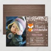Winter Onederland Rustic Fox Girl 1. Geburtstag Einladung (Vorne/Hinten)