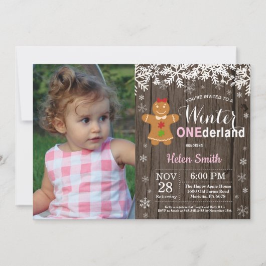 Winter Onederland Rustic Girl 1. Geburtstag Einladung (Vorderseite)