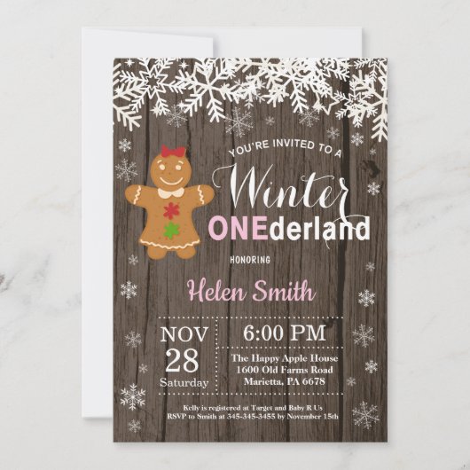 Winter Onederland Rustic Girl 1. Geburtstag Einladung (Vorderseite)