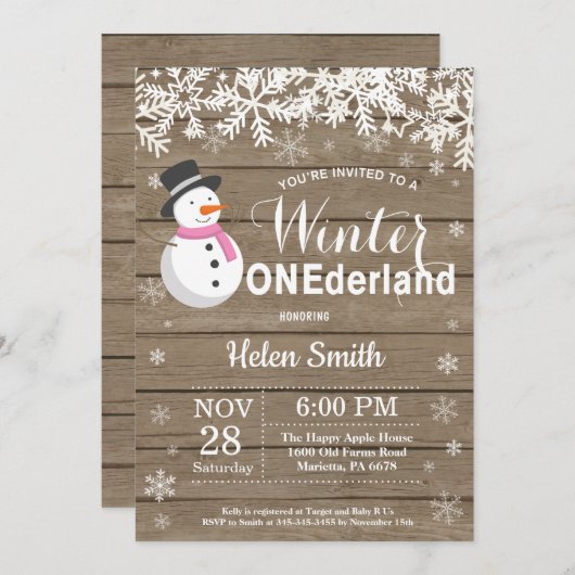 Winter Onederland Rustic Snowman Girl 1. Geburtsta Einladung (Vorne/Hinten)