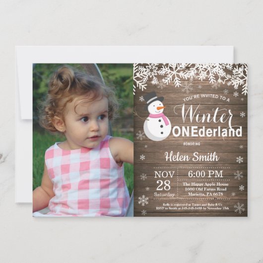 Winter Onederland Rustic Snowman Girl 1. Geburtsta Einladung (Vorderseite)