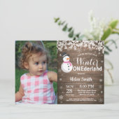 Winter Onederland Rustic Snowman Girl 1. Geburtsta Einladung (Stehend Vorderseite)