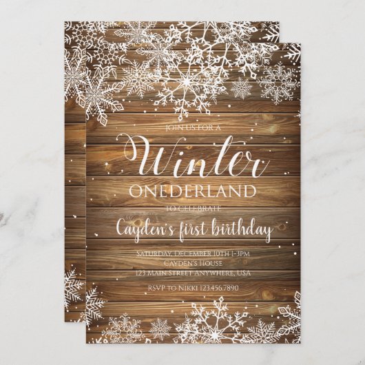 Winter Onederland Rustikale Schneeflocke und Holz Einladung (Vorne/Hinten)