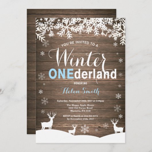 Winter Onederland rustikaler hölzerner Jungen-1. Einladung (Vorne/Hinten)